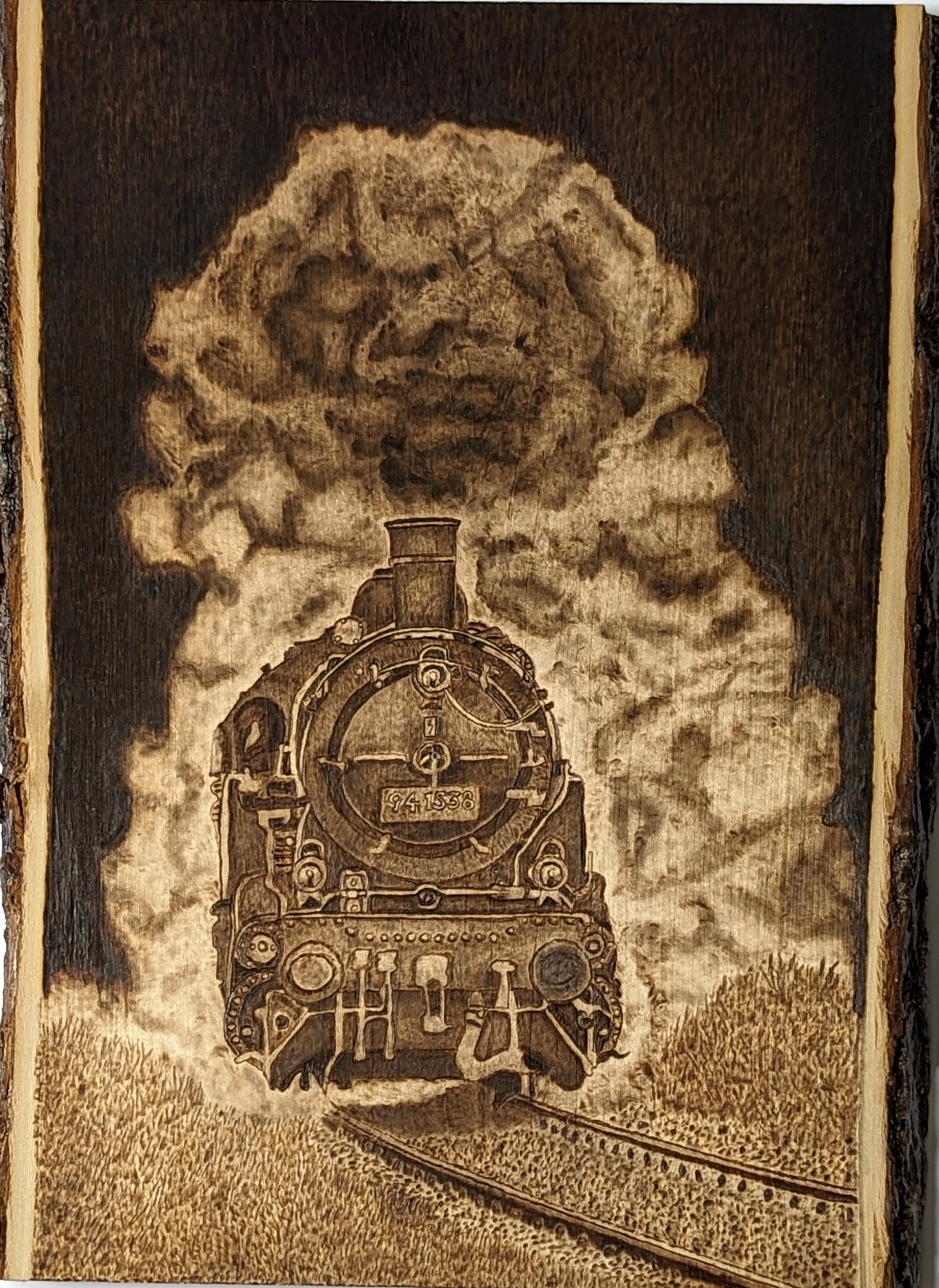 Hand Burned Pyrography Steam Train Art