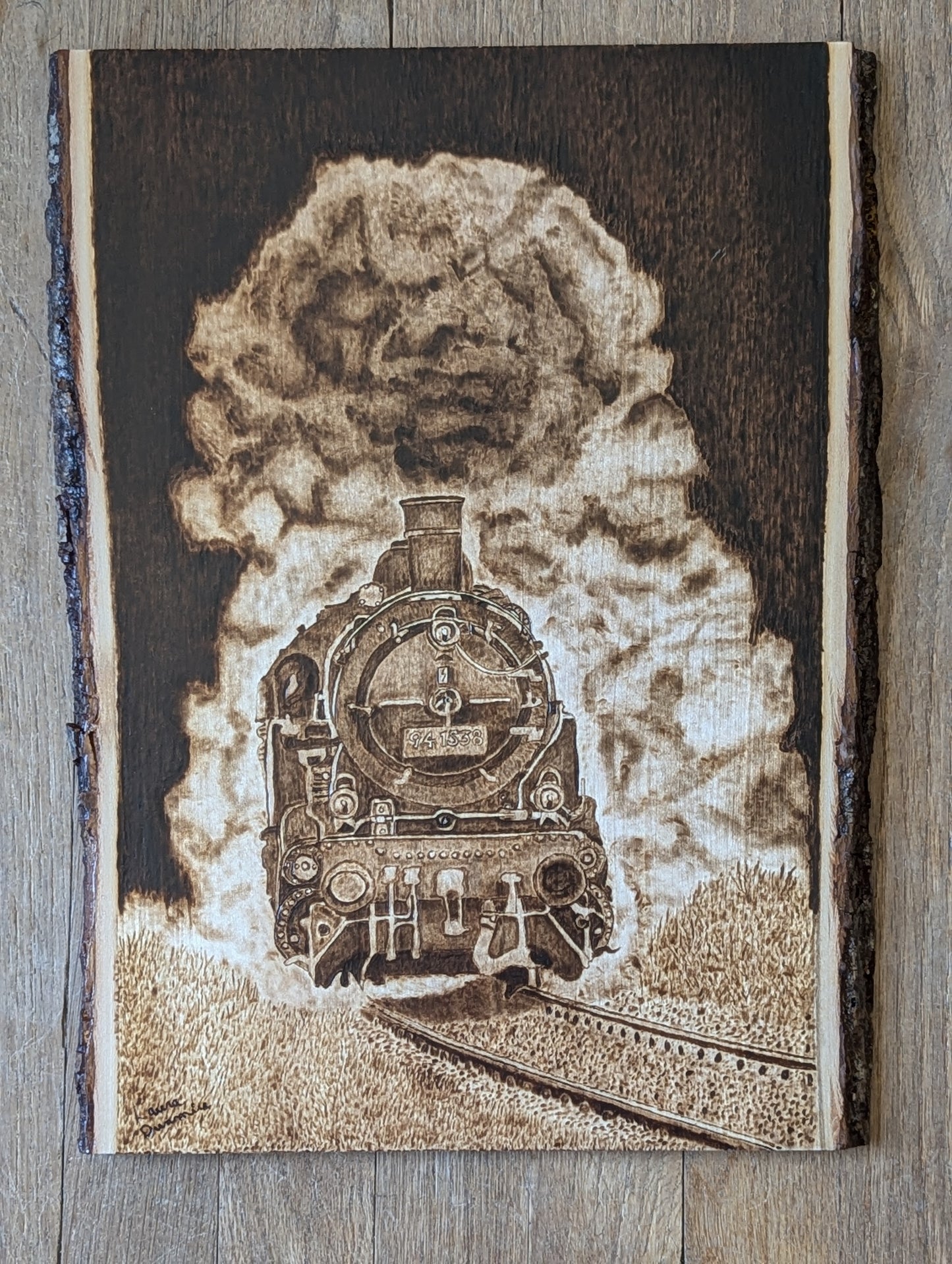 Hand Burned Pyrography Steam Train Art