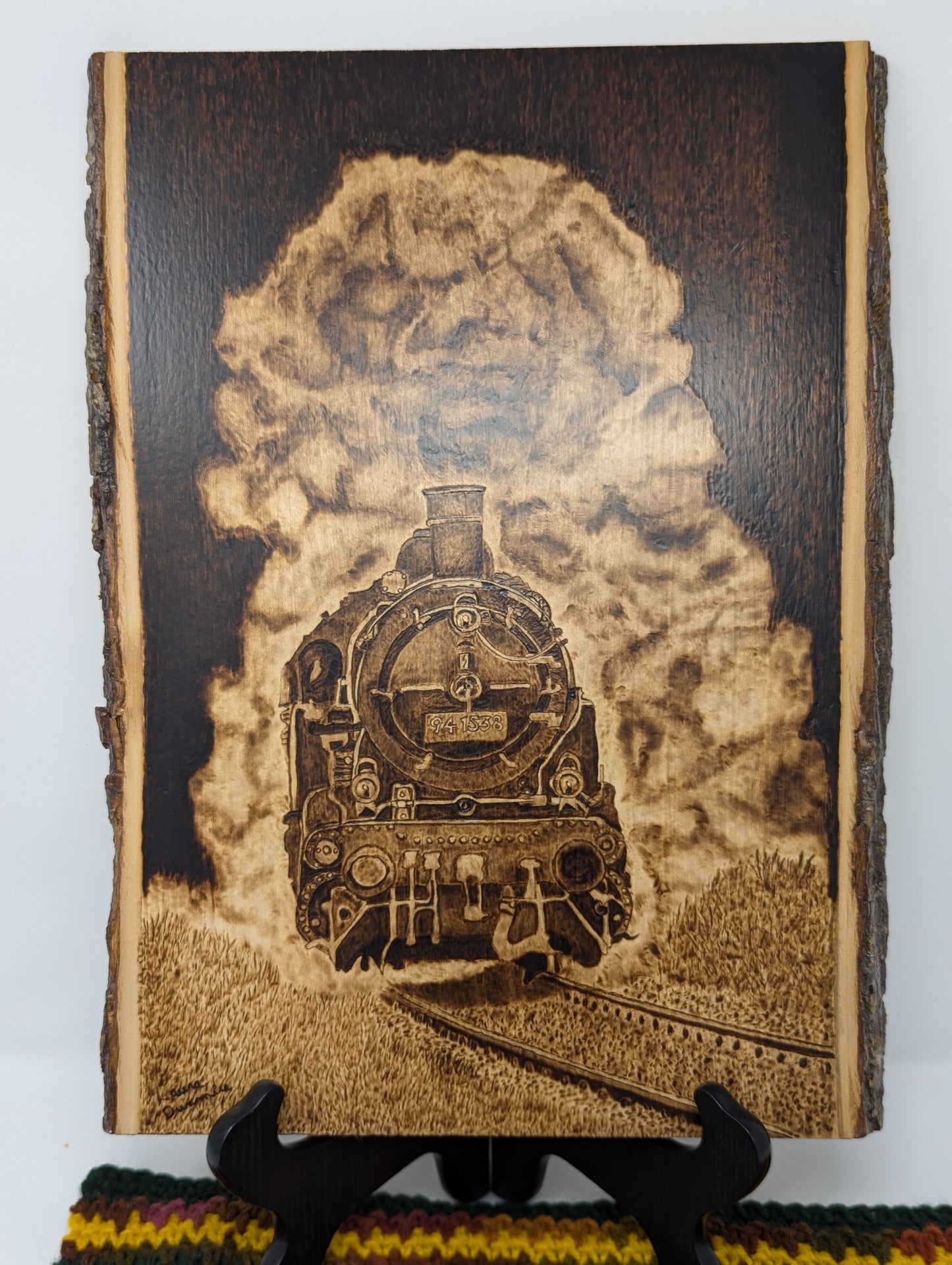 Hand Burned Pyrography Steam Train Art